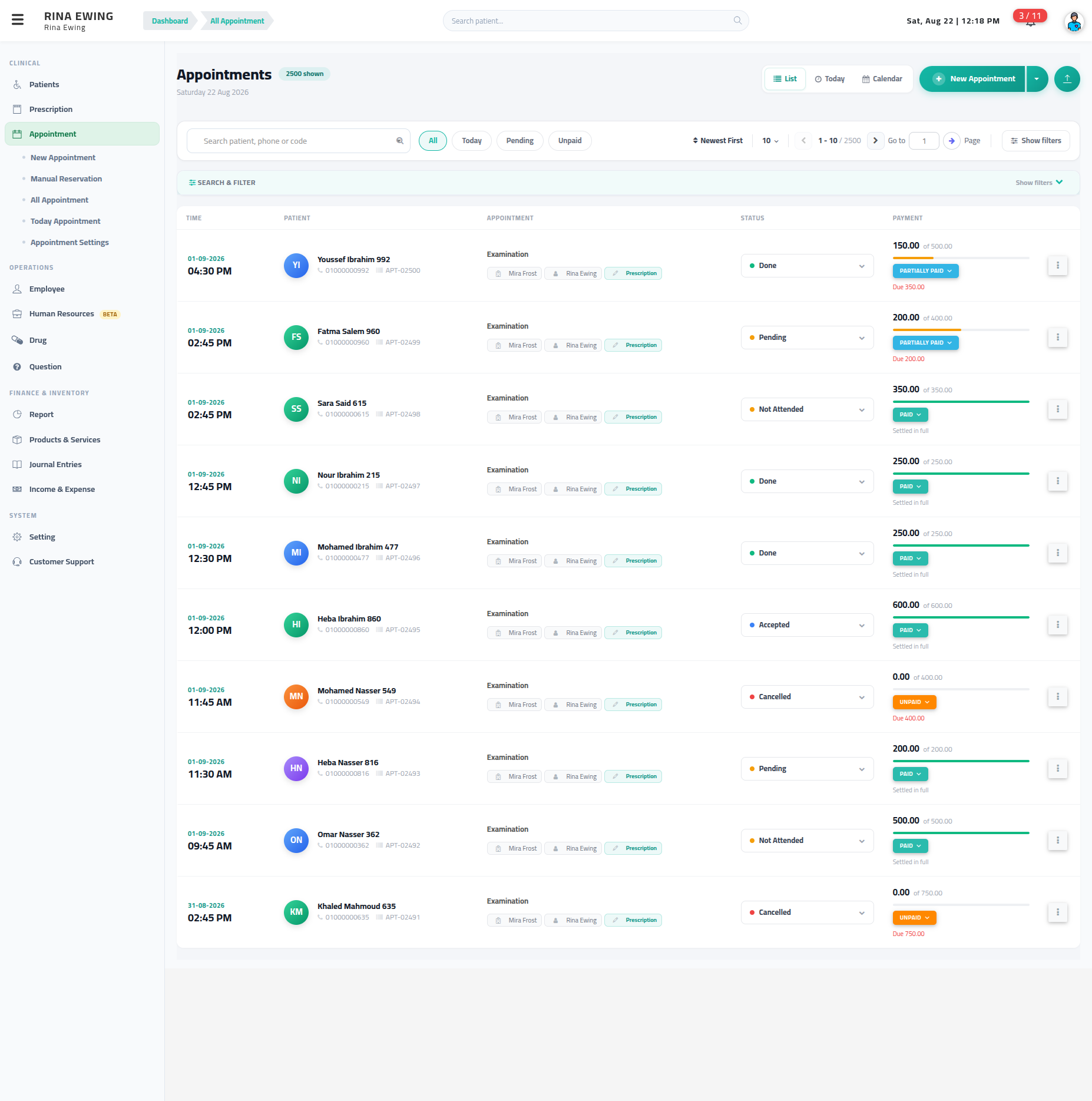 The appointment list — chips, filters, and the payment column