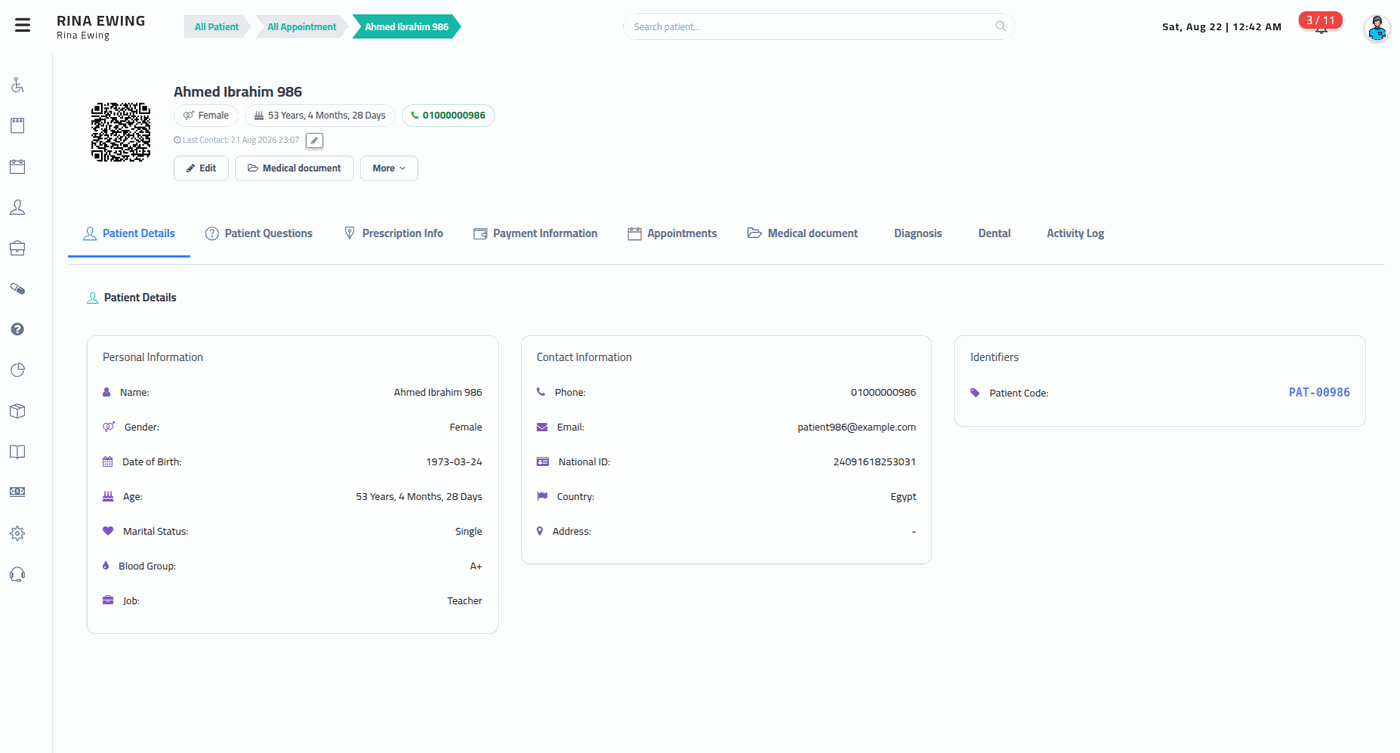 The patient file — header, tabs, and the details panels