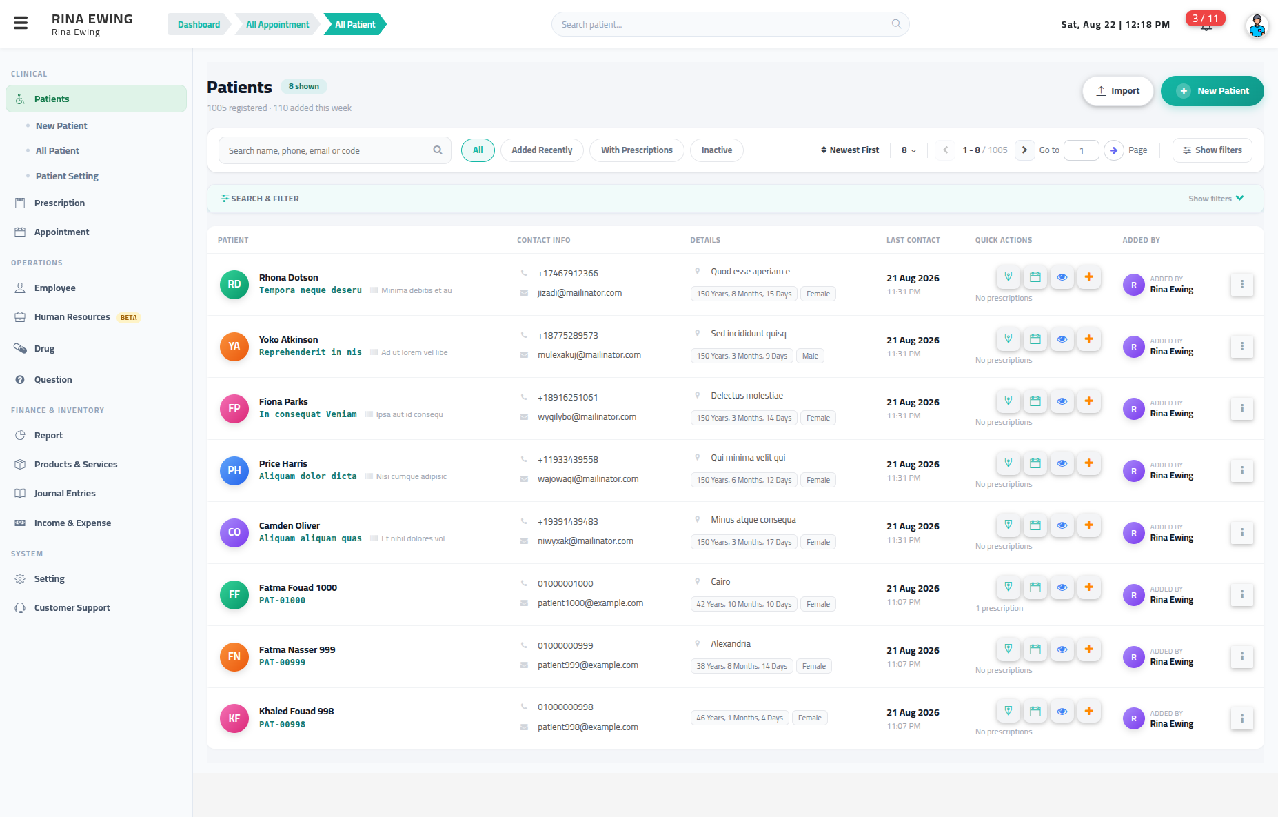 The patient list — chips, filters and columns